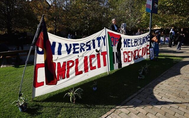 A banner at the 2024 pro-Palestinian/anti-Israel encampment at the University of Melbourne. Photo: Peter Haskin A banner at the 2024 pro-Palestinian/anti-Israel encampment at the University of Melbourne. Photo: Peter Haskin