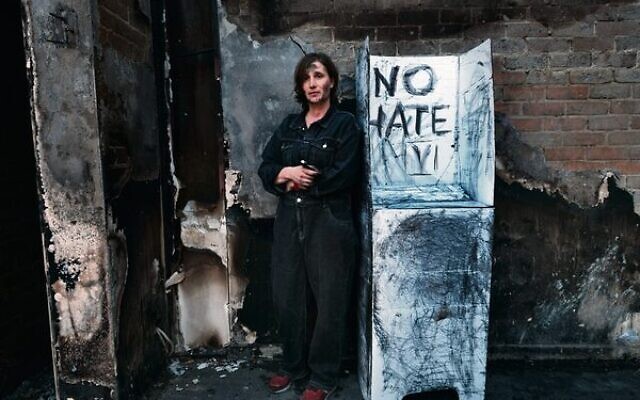 Nina Sanadze at the site of the burnt out Adass Israel synagogue. Nina Sanadze at the site of the burnt out Adass Israel synagogue.