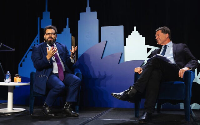 Hillel Neuer in Q&A with The Australian's Cameron Stewart. Photo: Giselle Haber Hillel Neuer in Q&A with The Australian's Cameron Stewart. Photo: Giselle Haber