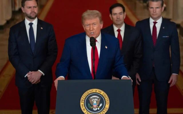 US President Donald Trump speaks from the East Room of the White House in Washington, June 21, 2025, after the US military struck three Iranian nuclear and military sites, as Vice President JD Vance, Secretary of State Marco Rubio and Defense Secretary Pete Hegseth listen. (Carlos Barria/Pool via AP) US President Donald Trump speaks from the East Room of the White House in Washington, June 21, 2025, after the US military struck three Iranian nuclear and military sites, as Vice President JD Vance, Secretary of State Marco Rubio and Defense Secretary Pete Hegseth listen. (Carlos Barria/Pool via AP)