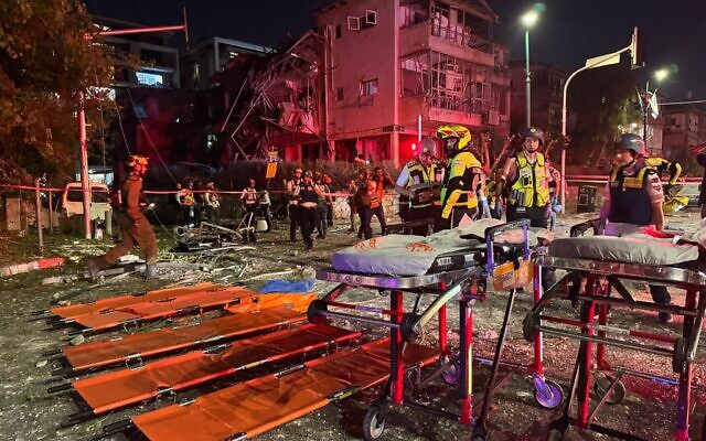 The scene of an Iranian ballistic missile strike in the Tel Aviv area, July 13, 2025 Photo: Magen David Adom The scene of an Iranian ballistic missile strike in the Tel Aviv area, July 13, 2025 Photo: Magen David Adom