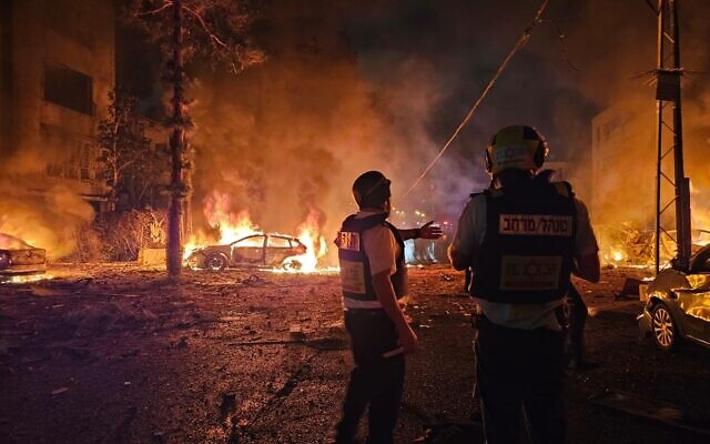 The scene in Haifa after an Iranian ballistic missile attack, June 15, 2025. (Magen David Adom) The scene in Haifa after an Iranian ballistic missile attack, June 15, 2025. (Magen David Adom)