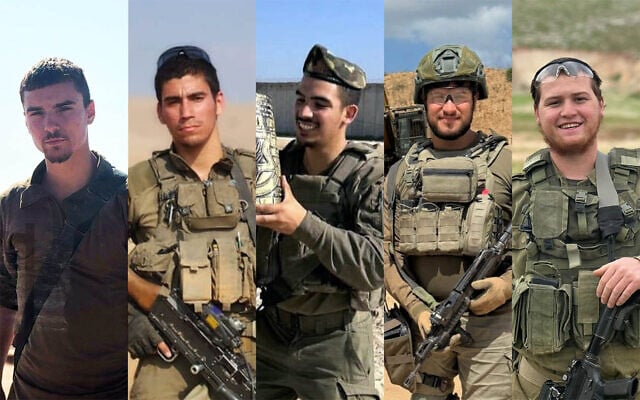 Soldiers killed in northern Gaza's Beit Hanoun on July 7, 2025: (L-R) Staff Sgt. Meir Shimon Amar, Sgt. Moshe Nissim Frech, Staff Sgt. Noam Aharon Musgadian, Sgt. First Class (res.) Benyamin Asulin, Staff Sgt. Moshe Shmuel Noll. (Courtesy) Soldiers killed in northern Gaza's Beit Hanoun on July 7, 2025: (L-R) Staff Sgt. Meir Shimon Amar, Sgt. Moshe Nissim Frech, Staff Sgt. Noam Aharon Musgadian, Sgt. First Class (res.) Benyamin Asulin, Staff Sgt. Moshe Shmuel Noll. (Courtesy)