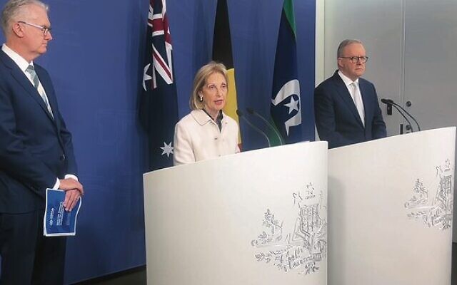 Jillian Segal at the launch of her plan alongside Minister Tony Burke and Prime Minister Anthony Albanese in July 2023. Jillian Segal at the launch of her plan alongside Minister Tony Burke and Prime Minister Anthony Albanese in July 2023.