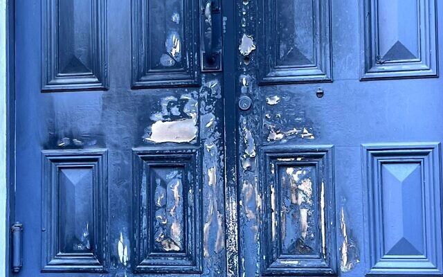 The damage to the synagogue doors. Photo: Bruce Hill, The damage to the synagogue doors. Photo: Bruce Hill,