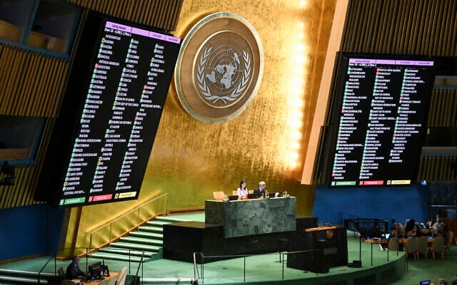 Results are displayed during a General Assembly meeting to vote on the two states solution to the Palestinian question at United Nations headquarters (UN) on September 12, 2025 in New York City. (ANGELA WEISS / AFP) Results are displayed during a General Assembly meeting to vote on the two states solution to the Palestinian question at United Nations headquarters (UN) on September 12, 2025 in New York City. (ANGELA WEISS / AFP)