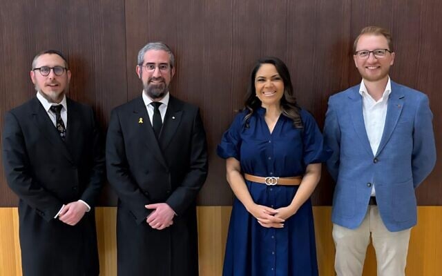 Rabbi Shmuel Karnowsky, Rabbi Yaakov Glasman, Senator Jacinta Nampijinpa Price and Senator James Paterson at Central Shule on Saturday night. Rabbi Shmuel Karnowsky, Rabbi Yaakov Glasman, Senator Jacinta Nampijinpa Price and Senator James Paterson at Central Shule on Saturday night.