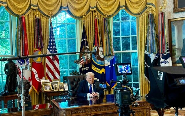 US President Donald Trump delivers a video statement regarding Hamas's response to his plan for ending the Gaza war on October 3, 2025. (Karoline Leavitt/X) US President Donald Trump delivers a video statement regarding Hamas's response to his plan for ending the Gaza war on October 3, 2025. (Karoline Leavitt/X)