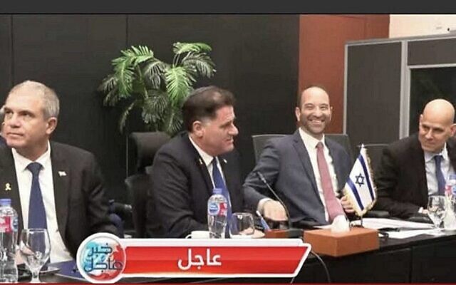 Israeli negotiators including Strategic Affairs Minister Ron Dermer (2nd from left) and Gal Hirsch (left) in a photo indicating success in the mediated Israel-Hamas negotiations on a Gaza hostage-ceasefire agreement in Sharm el-Sheikh, in the early hours of October 9, 2025. Photo: Screenshot Israeli negotiators including Strategic Affairs Minister Ron Dermer (2nd from left) and Gal Hirsch (left) in a photo indicating success in the mediated Israel-Hamas negotiations on a Gaza hostage-ceasefire agreement in Sharm el-Sheikh, in the early hours of October 9, 2025. Photo: Screenshot