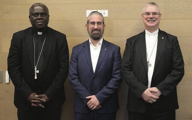 From left: Bishop Edwin Mwansa Mulandu of Zambia, Rabbi Yaakov Glasman, Catholic Archbishop Peter Comensoli. Photo: supplied. From left: Bishop Edwin Mwansa Mulandu of Zambia, Rabbi Yaakov Glasman, Catholic Archbishop Peter Comensoli. Photo: supplied.