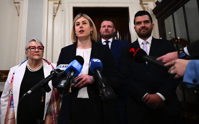 Incoming Victorian Opposition Leader Jess Wilson (centre) speaks following a Victorian Liberal party room meeting at Victorian Parliament, November 18, 2025. Photo: AAP Image/Joel Carrett. Incoming Victorian Opposition Leader Jess Wilson (centre) speaks following a Victorian Liberal party room meeting at Victorian Parliament, November 18, 2025. Photo: AAP Image/Joel Carrett.