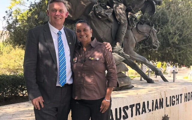 Colonel Michael Scott and Nova Peris at the Park of the Australian Soldier in Be'er Sheva, to commemorate the anniversary of he Battle of Be'er Sheva on October 31, 2025. Photo: Instagram @novaperis Colonel Michael Scott and Nova Peris at the Park of the Australian Soldier in Be'er Sheva, to commemorate the anniversary of he Battle of Be'er Sheva on October 31, 2025. Photo: Instagram @novaperis