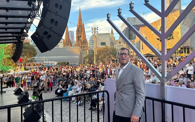 Rabbi Gabi Kaltmann at last year's Pillars of Light event at Melbourne's Federation Square. Photo: Facebook. Rabbi Gabi Kaltmann at last year's Pillars of Light event at Melbourne's Federation Square. Photo: Facebook.