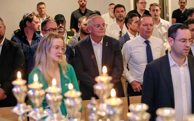 Former prime ministers Scott Morrison and Tony Abbott at the memorial event at Chabad of Bondi last Wednesday. Photo: Ben Klein Former prime ministers Scott Morrison and Tony Abbott at the memorial event at Chabad of Bondi last Wednesday. Photo: Ben Klein