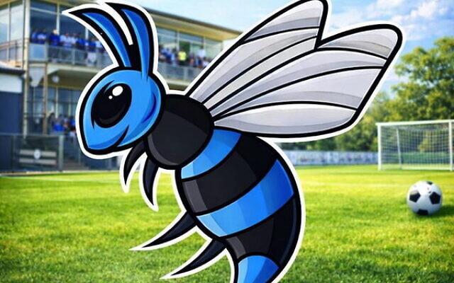 Maccabi FC Caulfield's blue bee mascot, created two years ago. Maccabi FC Caulfield's blue bee mascot, created two years ago.