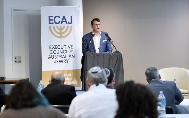 ECAJ President Daniel Aghion, speaking to the AGM on Sunday. Photo: Peter Haskin Photography. ECAJ President Daniel Aghion, speaking to the AGM on Sunday. Photo: Peter Haskin Photography.