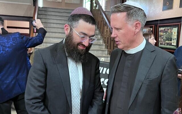 Rabbi Nathanson with Dr French at Tuesday night's Chanukah event. Photo: Bruce Hill. Rabbi Nathanson with Dr French at Tuesday night's Chanukah event. Photo: Bruce Hill.