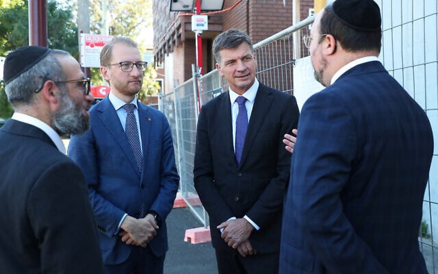 New Federal Opposition Leader Angus Taylor, along with Senator James Pattersonvisit speaking with Benjamin Klein and other members of the synagogue. Photo: Copyright Peter Haskin Photography 2026 New Federal Opposition Leader Angus Taylor, along with Senator James Pattersonvisit speaking with Benjamin Klein and other members of the synagogue. Photo: Copyright Peter Haskin Photography 2026