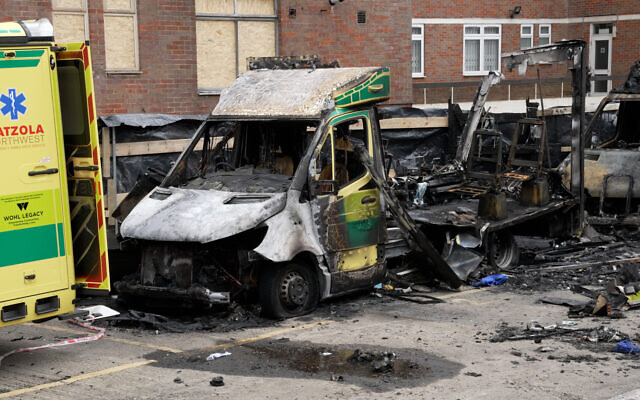 The burnt out remains of Hatzola ambulances in Golders Green, London, after an apparent arson attack on four ambulances on Monday. Photo: Jamie Lashmar/PA Wire The burnt out remains of Hatzola ambulances in Golders Green, London, after an apparent arson attack on four ambulances on Monday. Photo: Jamie Lashmar/PA Wire