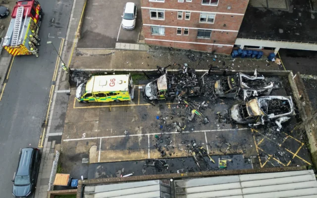 This aerial image shows burnt-out ambulances in a parking area along a street in the Golders Green neighborhood of north London on March 23, 2026, after the ambulances run by a Jewish volunteer organization were set on fire overnight. (Henry NICHOLLS / AFP) This aerial image shows burnt-out ambulances in a parking area along a street in the Golders Green neighborhood of north London on March 23, 2026, after the ambulances run by a Jewish volunteer organization were set on fire overnight. (Henry NICHOLLS / AFP)