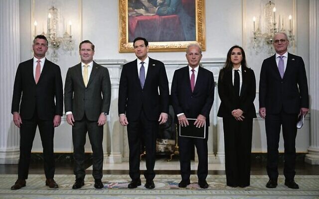 From left: US State Dept Counsellor Michael Needham, US ambassador to UN Mike Waltz, US Secretary of State Marco Rubio, US ambassador to Lebanon Michel Issa, Lebanon's ambassador to the US Nada Hamadeh Moawad, and Israeli ambassador to the US Yechiel Leiter at the State Department in Washington on April 14. Photo: Oliver Contreras/AFP From left: US State Dept Counsellor Michael Needham, US ambassador to UN Mike Waltz, US Secretary of State Marco Rubio, US ambassador to Lebanon Michel Issa, Lebanon's ambassador to the US Nada Hamadeh Moawad, and Israeli ambassador to the US Yechiel Leiter at the State Department in Washington on April 14. Photo: Oliver Contreras/AFP