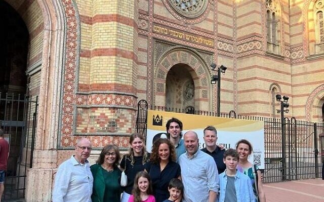 Erica Frydenberg (second from left) with her family outside the Dohanyi Street Synagogue in Hungary. Erica Frydenberg (second from left) with her family outside the Dohanyi Street Synagogue in Hungary.