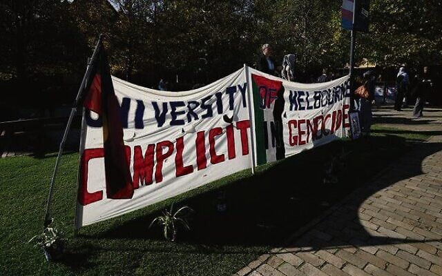 A banner at the 2024 pro-Palestinian/anti-Israel encampment at the University of Melbourne. Photo: Peter Haskin. A banner at the 2024 pro-Palestinian/anti-Israel encampment at the University of Melbourne. Photo: Peter Haskin.