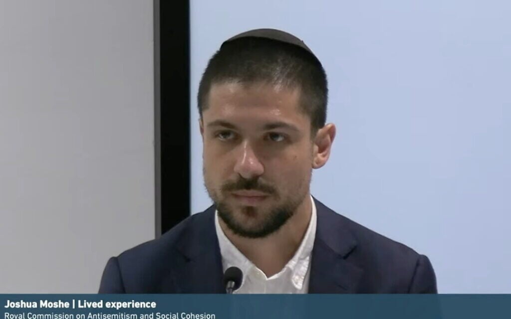 Joshua Moshe giving evidence at the Royal Commission on May 11, 2026. Photo: Screenshot Joshua Moshe giving evidence at the Royal Commission on May 11, 2026. Photo: Screenshot