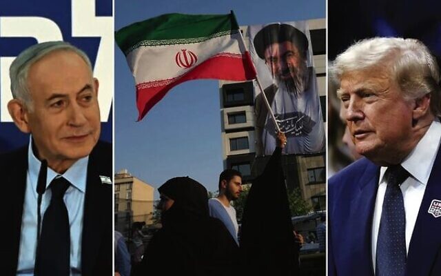From left-to-right: Israeli Prime Minister Benjamin Netanyahu (Haim Zach/GPO); An Iranian flag in front of a banner showing a portrait of Iranian Supreme Leader Ayatollah Mojtaba Khamenei in Tehran (AP Photo/Vahid Salemi); US President Donald Trump (AP/Alex Brandon). From left-to-right: Israeli Prime Minister Benjamin Netanyahu (Haim Zach/GPO); An Iranian flag in front of a banner showing a portrait of Iranian Supreme Leader Ayatollah Mojtaba Khamenei in Tehran (AP Photo/Vahid Salemi); US President Donald Trump (AP/Alex Brandon).