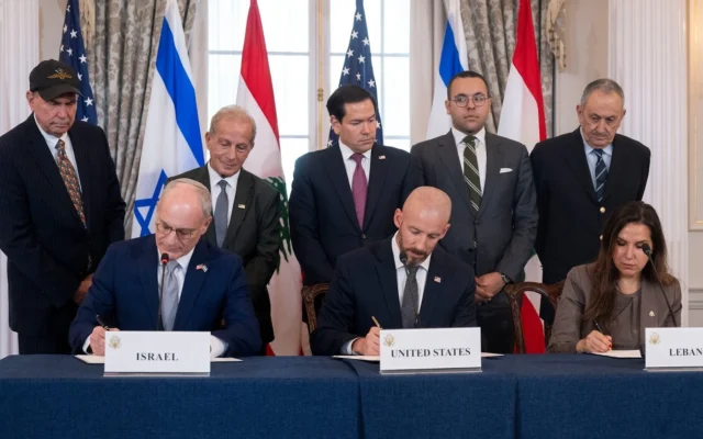 US Secretary of State Marco Rubio and others watch, as seated from left, Israel's Ambassador to the US Yechiel Leiter, counselor Dan Holler, and Lebanon's Ambassador to the US Nada Hamadeh, sign a framework agreement, described as a first step toward peace following months of conflict between Israel and Iran-backed Hezbollah, at the State Department, June 26, 2026, in Washington. (AP Photo/Kevin Wolf) US Secretary of State Marco Rubio and others watch, as seated from left, Israel's Ambassador to the US Yechiel Leiter, counselor Dan Holler, and Lebanon's Ambassador to the US Nada Hamadeh, sign a framework agreement, described as a first step toward peace following months of conflict between Israel and Iran-backed Hezbollah, at the State Department, June 26, 2026, in Washington. (AP Photo/Kevin Wolf)
