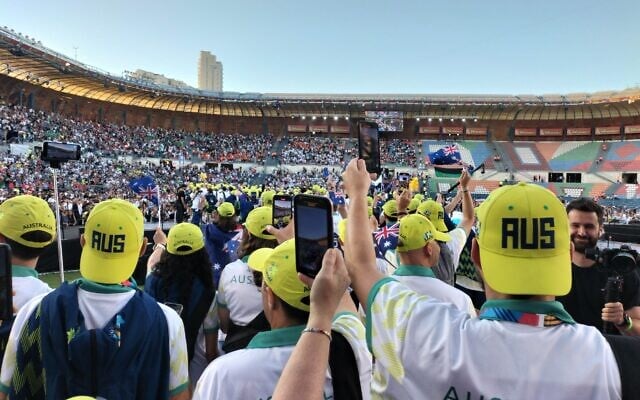 Australian team members entering Teddy Stadium in Jerusalem in the 2022 Maccabiah Games opening ceremony. Photo: Shane Desiatnik Australian team members entering Teddy Stadium in Jerusalem in the 2022 Maccabiah Games opening ceremony. Photo: Shane Desiatnik