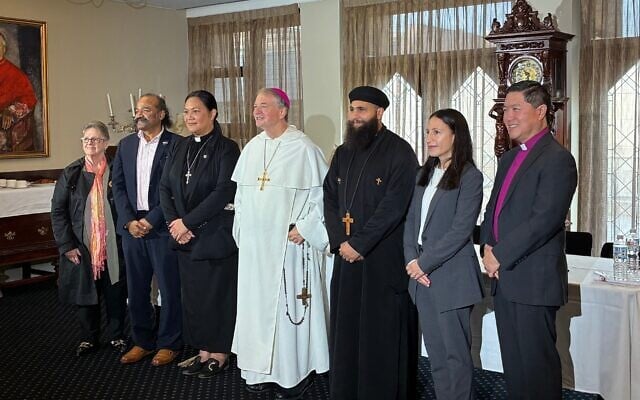 Michele Goldman (second from right) with other faith leaders at St Mary's Cathedral in Sydney on June 18, 2026. Michele Goldman (second from right) with other faith leaders at St Mary's Cathedral in Sydney on June 18, 2026.