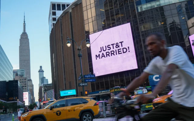 A “Just Married” sign is displayed on Madison Square Garden during the wedding between Taylor Swift and Travis Kelce. Photo: AP/Ryan Murphy A “Just Married” sign is displayed on Madison Square Garden during the wedding between Taylor Swift and Travis Kelce. Photo: AP/Ryan Murphy