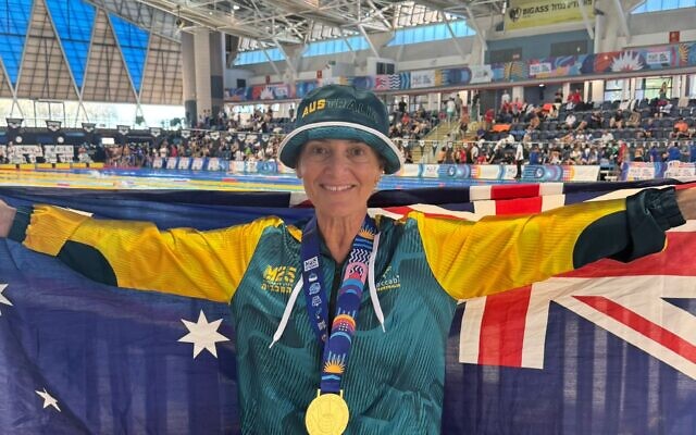 Masters swimmer Alida Lipton wearing her gold medal at the Maccabiah Games earlier this week at the Wingate Institute's Pool near Netanya. Masters swimmer Alida Lipton wearing her gold medal at the Maccabiah Games earlier this week at the Wingate Institute's Pool near Netanya.
