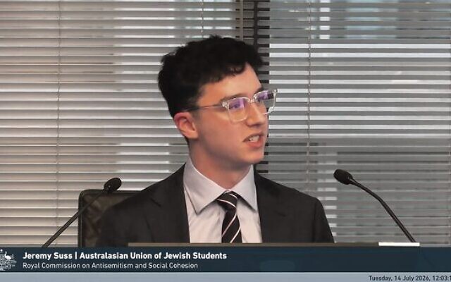 AUJS national president Jeremy Suss giving evidence at the Royal Commission on Tuesday. Photo: Screenshot AUJS national president Jeremy Suss giving evidence at the Royal Commission on Tuesday. Photo: Screenshot