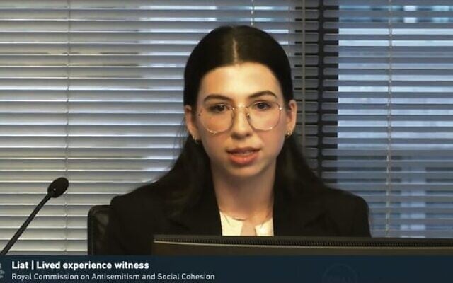 Liat shares her witness testimony during Hearing Block 4 of the Royal Commission on Antisemitism and Social Cohesion. Photo: screenshot Liat shares her witness testimony during Hearing Block 4 of the Royal Commission on Antisemitism and Social Cohesion. Photo: screenshot