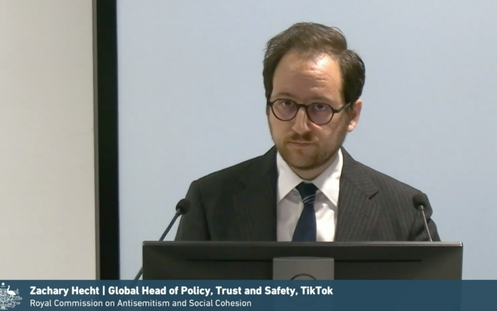 Zachary Hecht, global head of policy, trust and safety, TikTok appears before the Royal Commission on Antisemitism and Social Cohesion. Photo: screenshot Zachary Hecht, global head of policy, trust and safety, TikTok appears before the Royal Commission on Antisemitism and Social Cohesion. Photo: screenshot