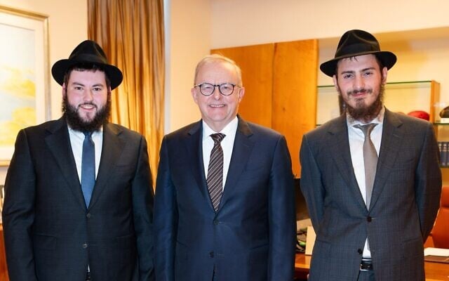 From left: Rabbi Yanky Super, Prime Minister Anthony Albanese, Rabbi Mendy Berger. Photo: Supplied From left: Rabbi Yanky Super, Prime Minister Anthony Albanese, Rabbi Mendy Berger. Photo: Supplied