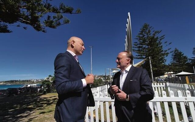 Lord Roberts of Belgravia (right) with Arsen Ostrovsky at Bondi.
Photo: Gareth Narunsky Lord Roberts of Belgravia (right) with Arsen Ostrovsky at Bondi.
Photo: Gareth Narunsky