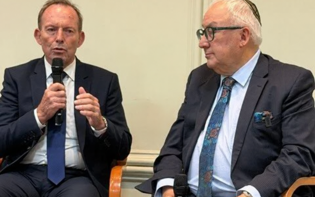 Former prime minister Tony Abbott with former Labor MP Michael Danby at the B'Nai B'rith event at Caulfield Shule on Tuesday night. Photo: Supplied Former prime minister Tony Abbott with former Labor MP Michael Danby at the B'Nai B'rith event at Caulfield Shule on Tuesday night. Photo: Supplied
