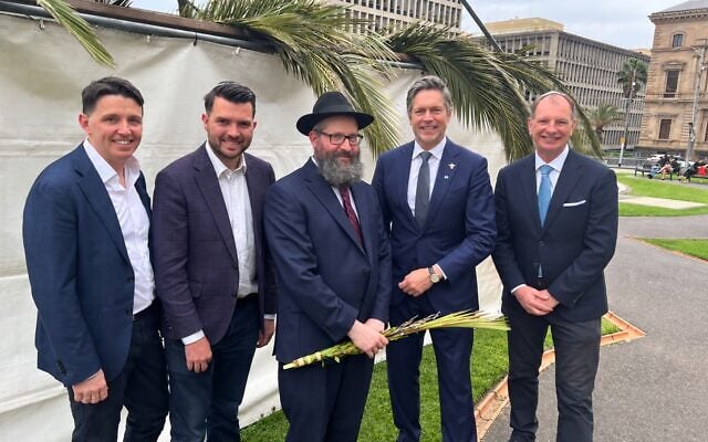 L to R:, Ryan Bachelor MP, Evan Mullholland MP, Rabbi Chaim Herzog, Melbourne's Lord Mayor Nicholas Reece and Caulfield MP David Southwick. Photo: Bruce Hill L to R:, Ryan Bachelor MP, Evan Mullholland MP, Rabbi Chaim Herzog, Melbourne's Lord Mayor Nicholas Reece and Caulfield MP David Southwick. Photo: Bruce Hill