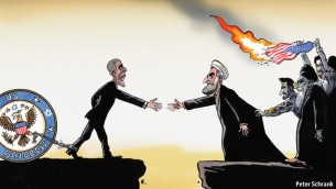الكاريكاتير اللذي نشر في الايكونوميست يظهر الرئيس الامريكي باراك اوباما مكبل في قيود كونجرس واقع تحت سيطرة يهودية