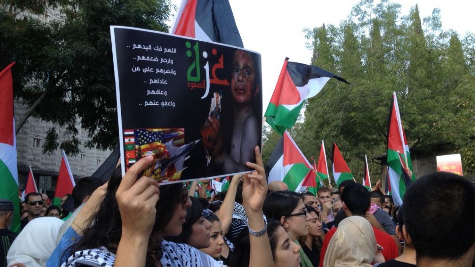 متظاهرة فلسطينية تحمل لافتة "غزة الصمود" في الناصرة ٢١ يوليو ٢٠١٤ (الحانان ميلر)