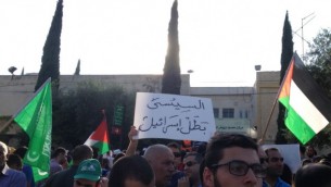 متظاهر يحمل لافتة "السيسي بطل اسرائيل" في الناصرة ٢١ يوليو ٢٠١٤ (الحانان ميلر)