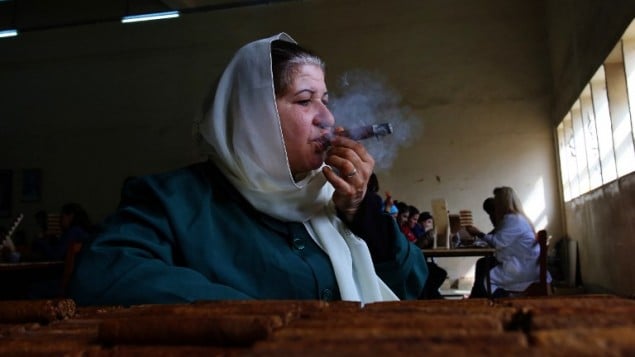 ام علي تدخن سيجار من صنع المصنع السوري الأول للسيجار حيث تعمل، 18 مارس 2015 (YOUSSEF KARWASHAN / AFP)