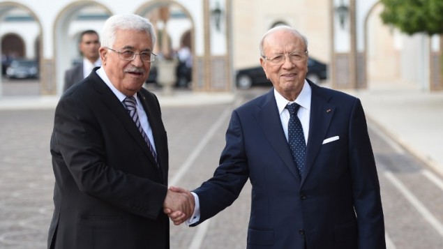 الرئيس التونسي الباجي قائد السبسي يستقبل الرئيس الفلسطيني محمود عباس في القصر الرئاسي في قرطاج، 12 مايو 2015 (FETHI BELAID / AFP)