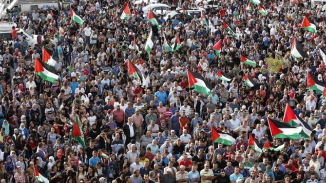 عرب اسرائيليون يحملون الاعلام الفلسطينية اثناء مظاهرة قطرية ضخمة ضمن "يوم الغضب" الفلسطيني في مدينة سخنين في شمال اسرائيل، 13 اكتوبر 2015 (JACK GUEZ / AFP)
