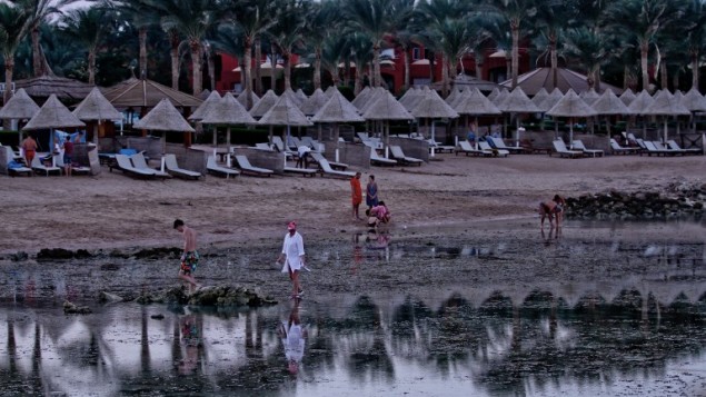 سياح يسيرون على الشاطئ في مدينة شرم الشيخ السياحية المصرية، 2 نوفمبر، 2015. (AFP PHOTO / STR) سياح يسيرون على الشاطئ في مدينة شرم الشيخ السياحية المصرية، 2 نوفمبر، 2015. (AFP PHOTO / STR)