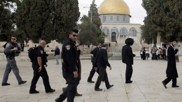 رجال يهود حاريديم ينضمون إلى مجموعة من اليهودي المتدينين تحت حماية الشرطة الإسرائيلية في زيارة إلى الحرم القدسي في البلدة القديمة بمدينة القدس في 27 أكتوبر، 2015. (AFP/Ahmad Gharabli) رجال يهود حاريديم ينضمون إلى مجموعة من اليهودي المتدينين تحت حماية الشرطة الإسرائيلية في زيارة إلى الحرم القدسي في البلدة القديمة بمدينة القدس في 27 أكتوبر، 2015. (AFP/Ahmad Gharabli)