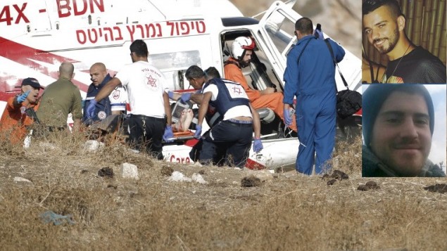 مسعفون وطواقم انقاذ في ساحة انفجار قنبلة يدوية عن طريق الخطأ في قاعدة عسكرية اسرائيلية في مرتفعات الجولان، ما ادى الى مقتل الرقيب حسام طافش (صورة داخلية، اعلى)، والرقيب شلومو ريندنو (صورة داخلةي، اسفل)، 17 يوليو 2016 (JALAA MAREY/AFP)